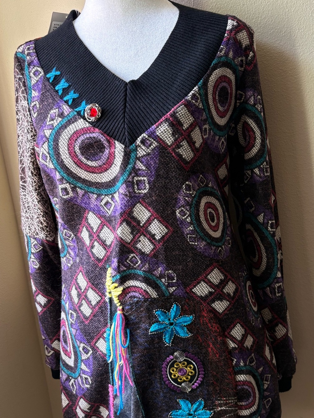 Forla Paris Women’s Multicolor Patchwork Tunic Sweater New With Original Tag